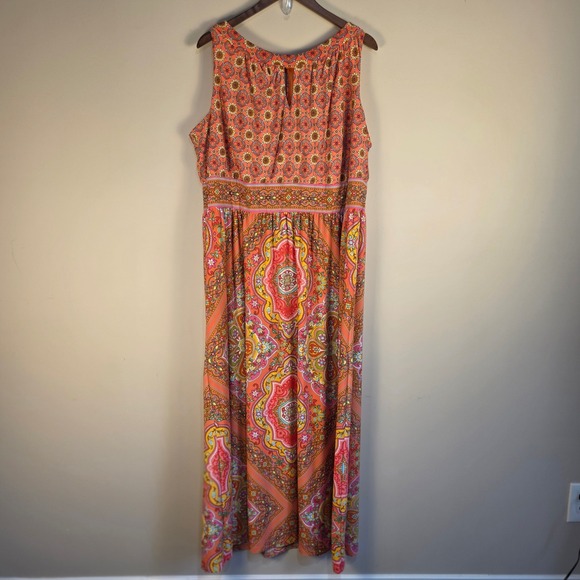 London Times Womens 20W Maxi Dress Orange Pink Paisley Medallion Sleeveless - Picture 2 of 10